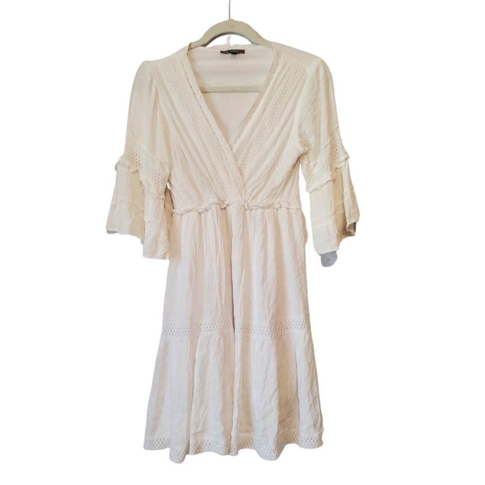 White Boho Babydoll Dress Crochet Lace Bell Sleeve Cottagecore Size M